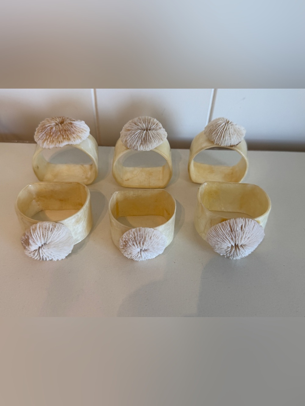 Vintage Capiz Shell & Mushroom Coral Napkin Rings - Set of 6 Coastal Boho Dining